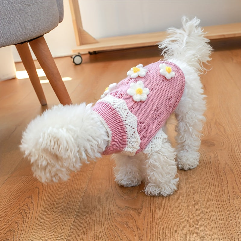Small Dog Floral Knit Sweater - 100%Nylon Thermal Pullover，Pink white flower pattern，Suitable for Pomeranian、Bichon、Comfortable Autumn and Winter Dog Clothes for Small Breeds Like Poodles