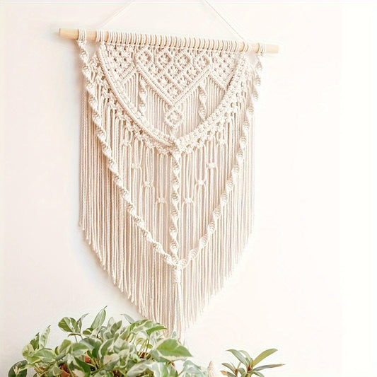 1 Duo Bohemian Handmade Crochet Tapestry - Unique White Tassel and Geometric Pattern，100% Acrylic fiber，Vertical Wall Mount，Suitable for living room decoration，Stylish Room Decoration|Unique Wall Art|Exquisite craftsmanship