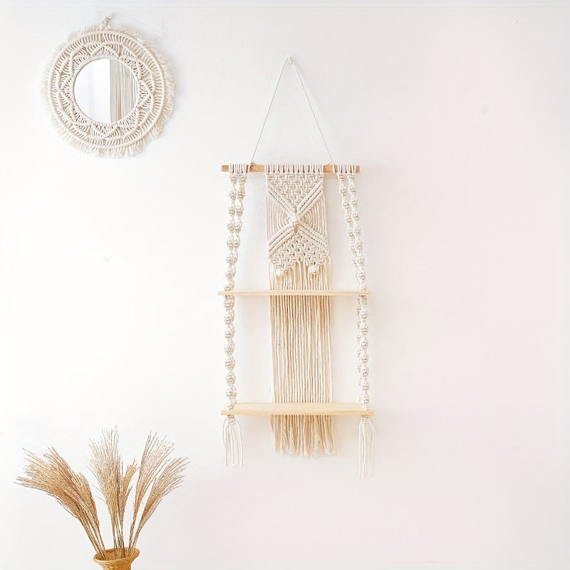 Bohemian Style Handwoven Wall Hanging，Double-layer Floating Rack，Natural Wood Style Home Decor Storage Rack，Suitable for bedroom and bathroom，Plant Display Stand with Rope，Indoor Use