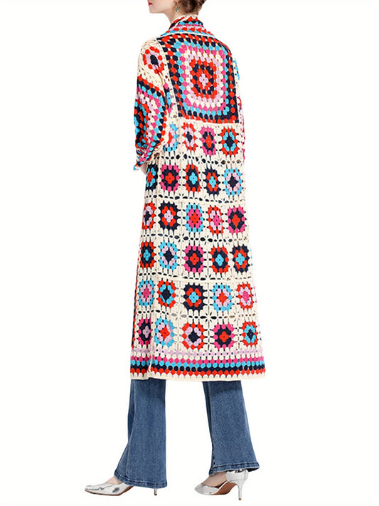 Women's Bohemian Crochet Floral Cardigan - Open Front Long Sleeve Lace Sweater with Vibrant Floral Print, Machine Washable All-Season Casual Outwear Coat, Crochet Cardigan, Stylish Layering, Detailed Craftsmanship
