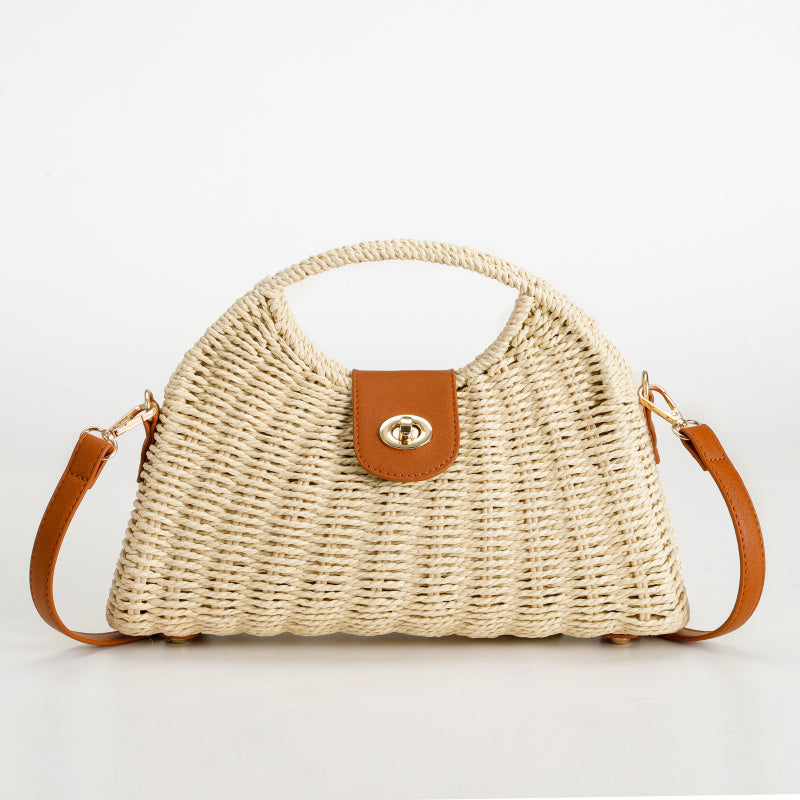 Hand-Woven Tote Natural Straw Shoulder Bag Brown Leather Flip Metal Buckle Portable Crossbody Dual-Use Non-Slip Foot Design