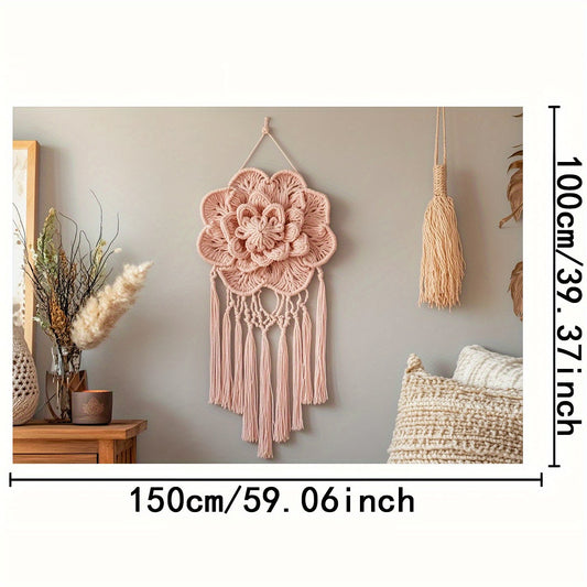 A Bohemian Style Floral Macron Wall Hanging，Comes with a wooden base and cushion - Pink tassel decoration，Suitable for Families、Office or photography backdrop，No Electricity Required，Multi-Purpose，Suitable for All Occasions，Home Decorations | Bohemian Sty