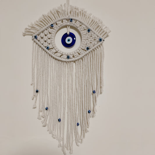 Handmade bohemian Evil Eye Wall Hanging - With Crochet Hook Detail、Turkish Blue Eye Tapestry with Tassels and Beads，Elegant home decor and living room housewarming gift，Protective Amulet |Bohemian Style|Cotton Wall Art，Vintage Decor