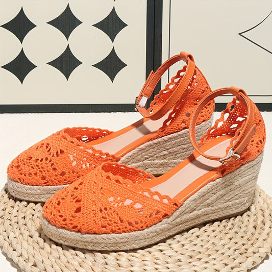 Elegant Women'S Fashionable Flat Sandals - Orange Crochet Design, Thick Sole, Ankle Strap with Buckle, Round Toe, Comfortable High-Heel Sandals for Summer, Casual Footwear | Crochet Sandals | Platform Sandals