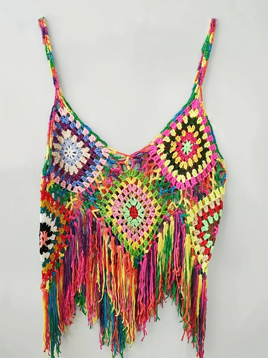 Bohemian Women's Camouflage Cutout Color-Block Crochet Lace Fringe Top
