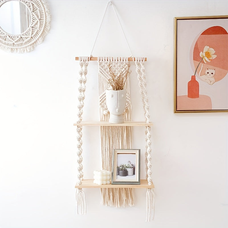 Bohemian Style Handwoven Wall Hanging，Double-layer Floating Rack，Natural Wood Style Home Decor Storage Rack，Suitable for bedroom and bathroom，Plant Display Stand with Rope，Indoor Use