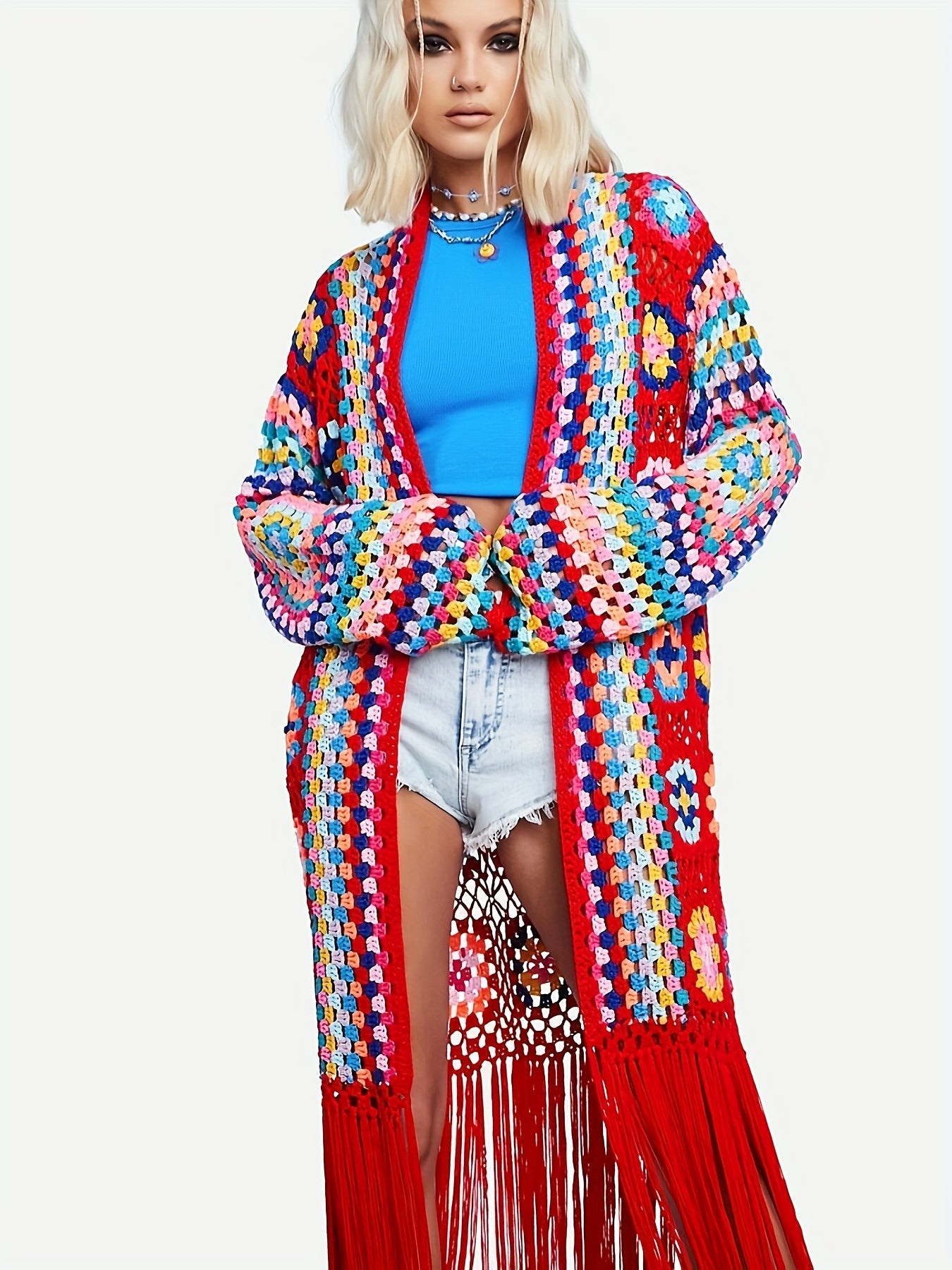 EDOLYNSA Handmade Hollow Crochet Long Sleeve Tassel Women'S Knit Jacket, Elegant Cropped Knit Cardigan, Ethnic Style, Casual, Sweater, Beach Cover-Up A121