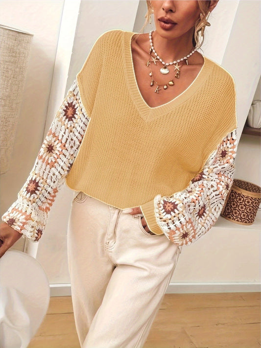 Women's Handmade Crochet V-Neck Sweater - Ethnic Floral Pattern, Openwork Design, All-Season Lightweight Pullover, Elegant Boho Chic Style for Casual & Formal Wear, Versatile Fashion | Intricate Craftsmanship, Crochet Clothes