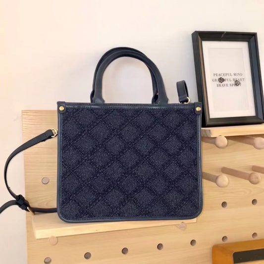 Deep Blue Diamond Pattern Tote Bag2025New ins Luxury Style Commuter Large Capacity Handbag with Leather Handle and Rivet Decoration