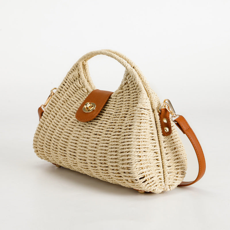 Hand-Woven Tote Natural Straw Shoulder Bag Brown Leather Flip Metal Buckle Portable Crossbody Dual-Use Non-Slip Foot Design