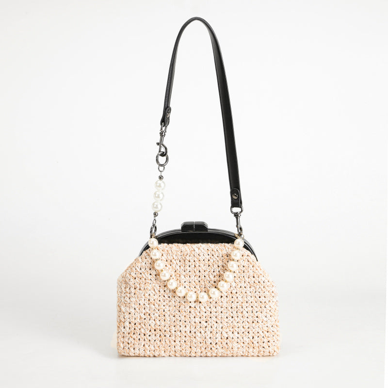 Sweet Pearl Decorative Beige Straw Cross Body Bag Black Leather Shoulder Strap+Pearl chain Entry Lux Elegant Women's Bag