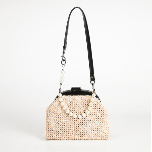 Sweet Pearl Decorative Beige Straw Cross Body Bag Black Leather Shoulder Strap+Pearl chain Entry Lux Elegant Women's Bag