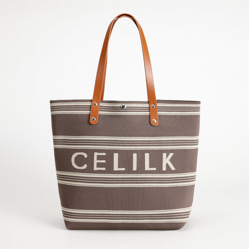 [CEILK Black and White Striped Tote]Large Capacity Commuter Bag Brown Leather Handle Simple Fashion Flying Woven Bag