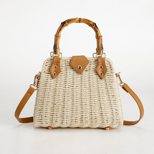 Mori Braided Handbag Imitation Bamboo Handle Cowhide Decorative Tote Bag Metal Rivet Buckle Non-Slip Foot Pad Crossbody Commuter Vacation Bag