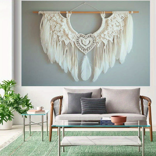 Bohemian Style Crochet Feather Heart Pendant - Polyester Texture Tapestry Wall Decoration，Suitable for Living Room、Bedroom and Party Decoration，No Electricity Needed Rustic Home Decor，Bohemian Style Handwoven，Retro Fashion，Exquisite Details，Feather embell