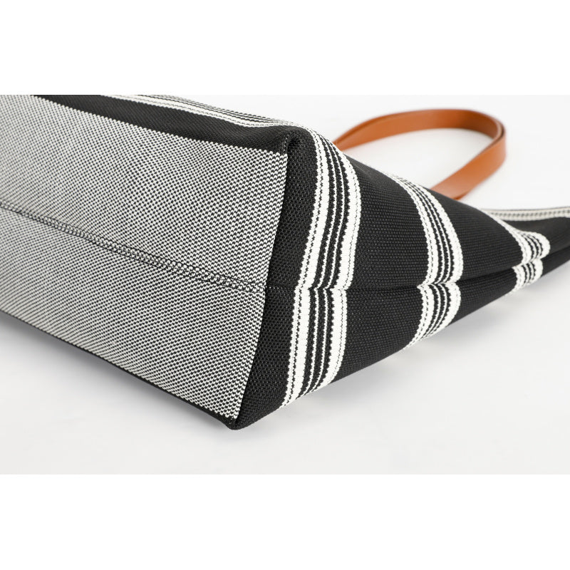 [CEILK Black and White Striped Tote]Large Capacity Commuter Bag Brown Leather Handle Simple Fashion Flying Woven Bag