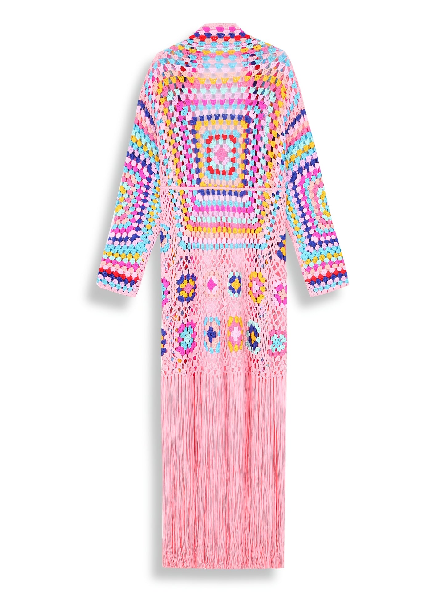 2025 Autumn Moroccan Kaftan Print Handmade Fringed Long Crochet Cardigan Cover-ups Women Clothing Beach Kimono Dresses A1215