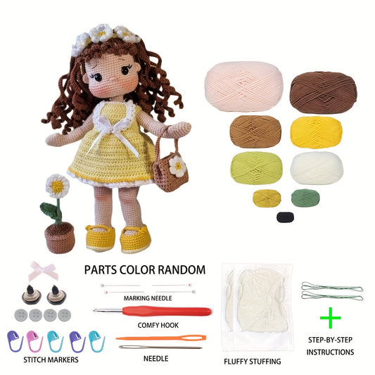 1pc/set, Amigurumi adult crochet DIY, hand-knitted yellow dress little flower princess, suitable for beginners, including everything needed for crochet, paper English basic knitting tutorial manual, exquisite gift packaging bag, healing character figure o