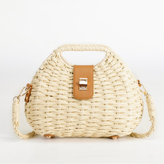 Mori Braided Handbag Natural Straw Tote Bag Light Brown Leather Decoration+Metal Lock Buckle Removable Shoulder Strap Multi-Purpose Package Non-Slip Foot Design