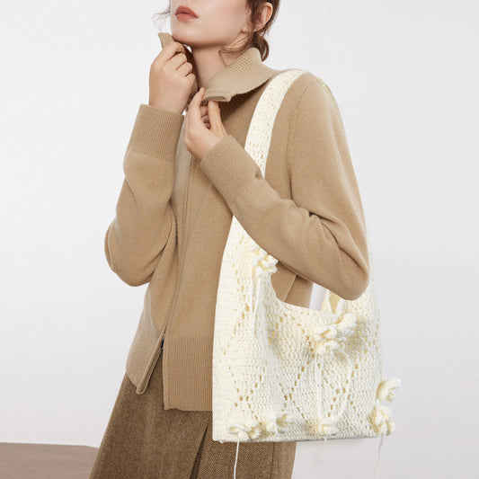Original Handmade Crochet Woven Bag Women2025New ins Mori Hollow Flower Shoulder Bag Portable Crossbody Bag Summer