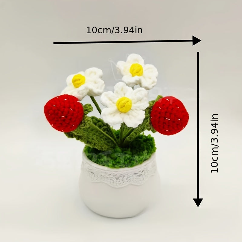 Handmade Crochet Strawberry Potted Plant - Faux Velvet Flower Decoration，Pot included，Suitable for home and party table display