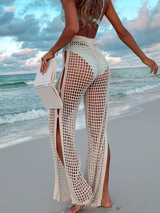 Women'S Beach Vacation Cover-Up Pants with Hollow Cut, Drawstring, Stretchy Bohemian High-Waisted Crochet Wide-Leg Trousers.