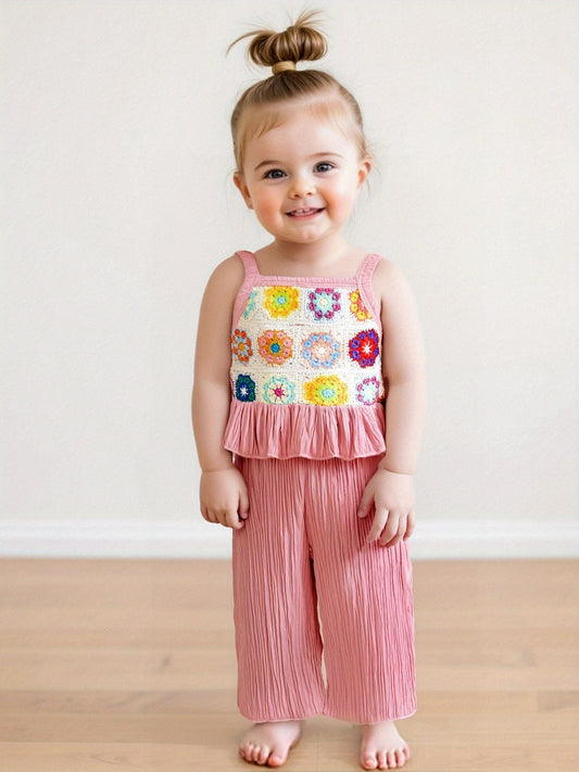 2pcs Boho Youngsters' Sleeveless Floral Crochet Knitted Ruffle Tank Cami Top & Wide Leg Pants Set - Elastic Waist, Linen Blend, Perfect for Summer Beach Outfits, Youngsters' Clothing | Floral Pattern Top | Crochet Knitted Fabric, Youngsters Clothes, for O
