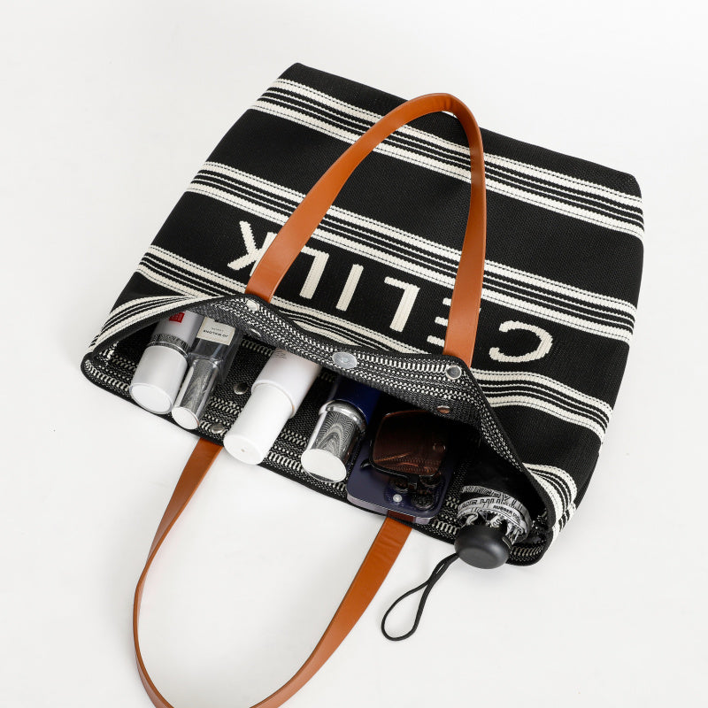 [CEILK Black and White Striped Tote]Large Capacity Commuter Bag Brown Leather Handle Simple Fashion Flying Woven Bag