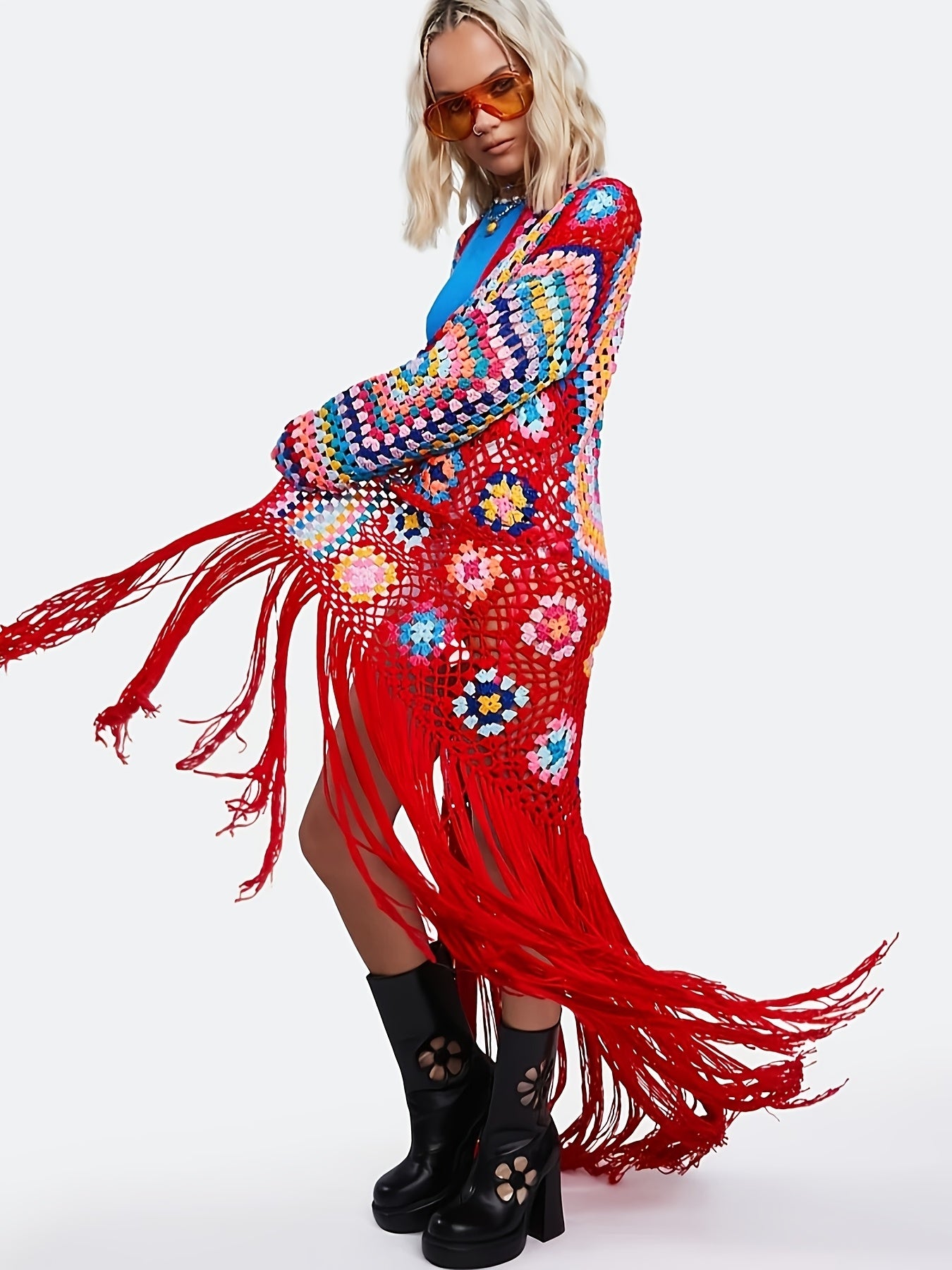 [Casual Knitted Cardigan] Long-Sleeved Women's Knitted Open-Front Cardigan - Casual Tassel Hollow Hand-Crocheted Long Coat for Women Swimsuit Cover-Ups A1215