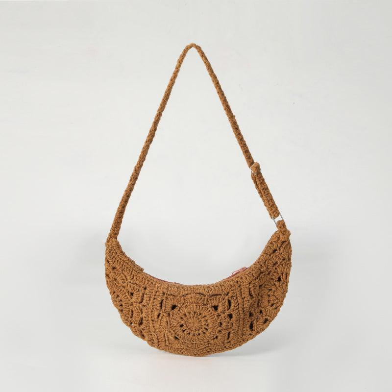 Crescent Handbag Handmade Crochet Crossbody Bag for Women2025Artistic Retro Style Cotton Thread Woven Small Square Bag ins Niche Bag