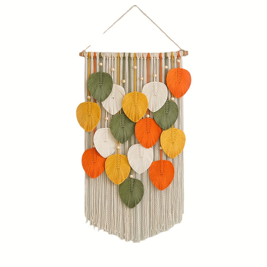 1 Bohemian Style Handmade Leaf Tassel Wall Hanging - Colorful Fiber Art Tapestry，With decorative tassel details，Perfect for living room interior decoration