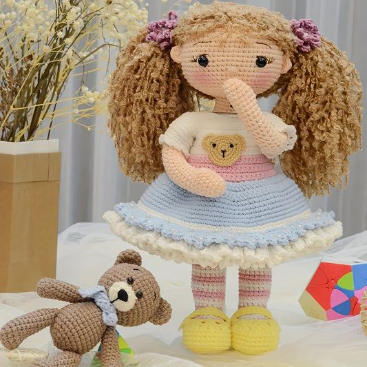 1Beginner Princess Crochet Kit，Adult Step-by-Step Crochet Kit，Curly-haired Girl and Bear DIY Woven Kit，Cute and Fun Spring and Summer Home Decorations，Birthday and Valentine's Day Gifts