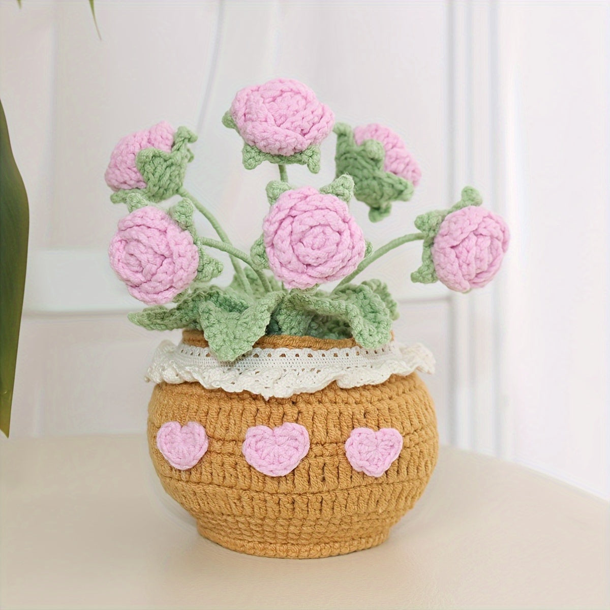 1Crochet Yarn Flower Pot Plant Car Ornament Eternal Flower Yarn Ornament Bonsai Gardening Handmade Crochet Lucky Tulip Yarn Potted Plant Artificial Living Room Decoration Father's Day Mother's Day Graduation Season Halloween Christmas Decoration Artificia