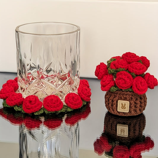 1Set of Pure Handmade Crocheted Rose Coasters Foldable2Combination1Coaster｜Instantly Transform into Mini Rose Potted Plant｜Home/Desk/Party Decoration Essential｜Christmas/Wedding/Birthday Creative Gifts｜Reusable｜A must-have for desktop decoration｜Add a sen