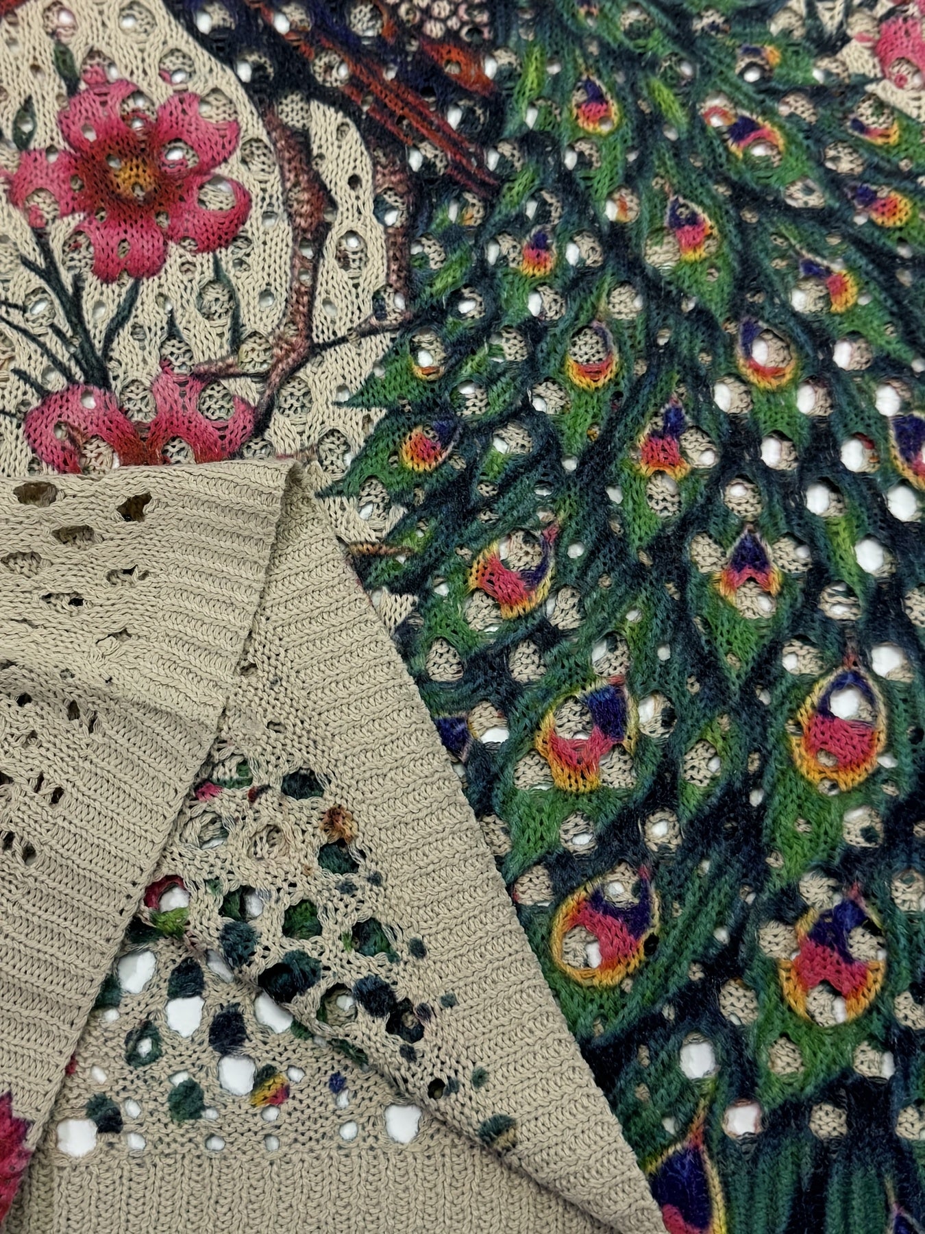 [Bohemian Crochet Top] Bohemian Peacock Floral Print Crochet Top - V-Neck, Batwing Sleeves, Sun Protection | Women's Casual & Vacation Wear, Spring/Summer Fashion, Vacation Attire, Crochet Texture
