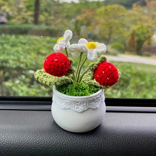 Handmade Lace Decorated Strawberry Flower Pot，Artist Crafted with Care，Suitable for home and office display，Perfect Housewarming Gift、Valentine's Day Gift、Birthday Gift、Gift from classmates、Car ornament or graduation/Christmas/Independence Day Celebration