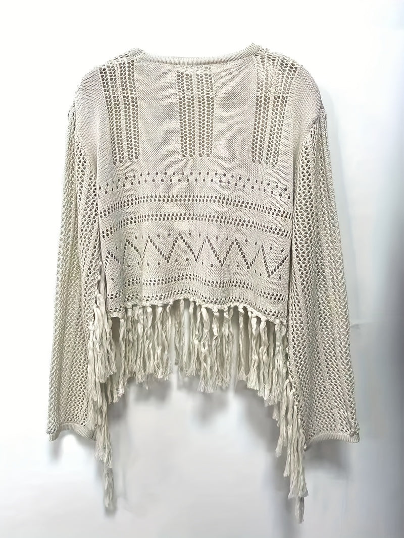 2pcs Crochet Top and Pants Set, Tassel Cut-Out Design, Fashionable Breathable Outfit for Beach Vacation Strolls