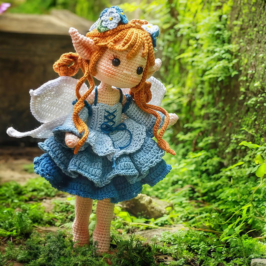 1pc/set, beginner's DIY crochet set, fairy girl holding blue flowers, DIY crochet materials include yarn and hooks, complete DIY handicraft set with crochet teaching steps, perfect for home decoration and gifts, suitable for experienced crochet enthusiast