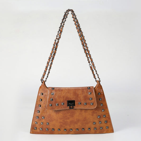 Vintage Punk Style Rivet Chain Shoulder Bag for Women2025New Fashion ins Crossbody Bag Large Capacity Cowhide Crossbody Bag