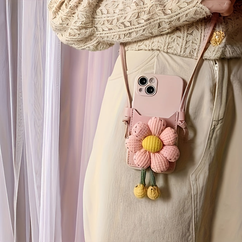 Suitable for Apple16/14 Pro Max Pink Floral Wristband Phone Case，Suitable iPhone 13and New12Crossbody Design。