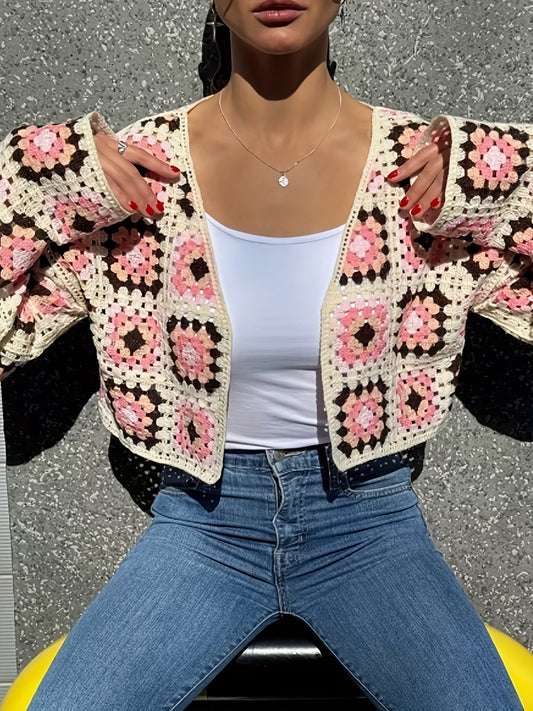 Women's Bohemian Cardigan - Open Front Placket Semi-Sheer Long Sleeve Grid Pattern Crochet Cover-Up, Loose Fit Spring Summer Layering Piece, Hand Wash Only, Lightweight Cardigan, Casual Coverup, Spring Outerwear, Elegant Openfront, Handwashable Fabric, In
