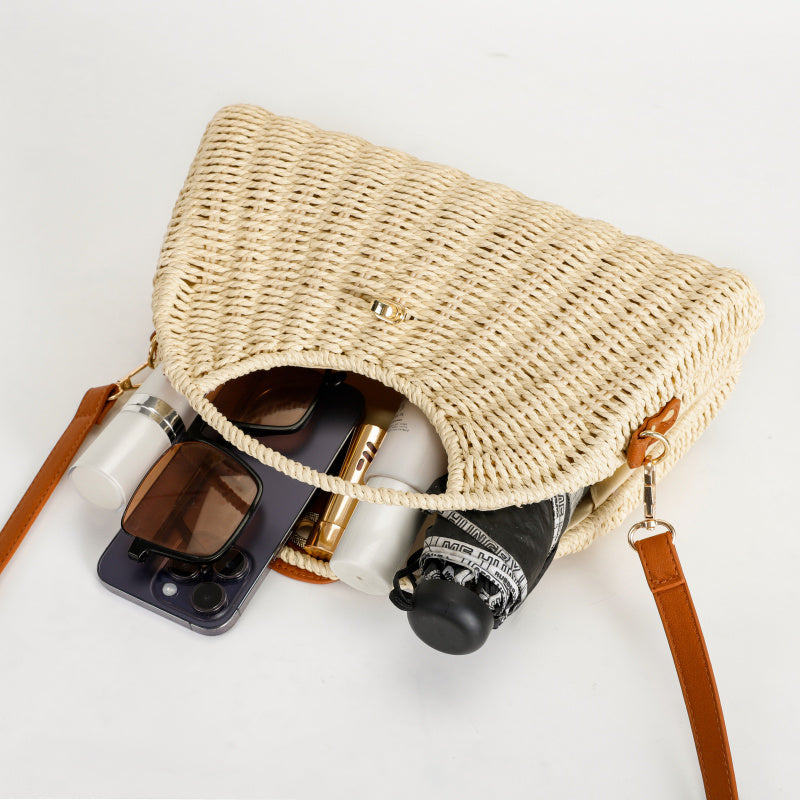 Hand-Woven Tote Natural Straw Shoulder Bag Brown Leather Flip Metal Buckle Portable Crossbody Dual-Use Non-Slip Foot Design