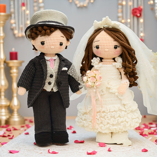 Beginner Crochet Kit for Adults - DIY Newlywed Couple Pattern Yarn Set with Step-by-Step Video Tutorials, Romantic Wedding Figurine, Ideal for Home Decor and Gifts, Beginner Crochet Projects|Decorative Item|Knitted Texture, Crochet Kit for Beginners, Wedd