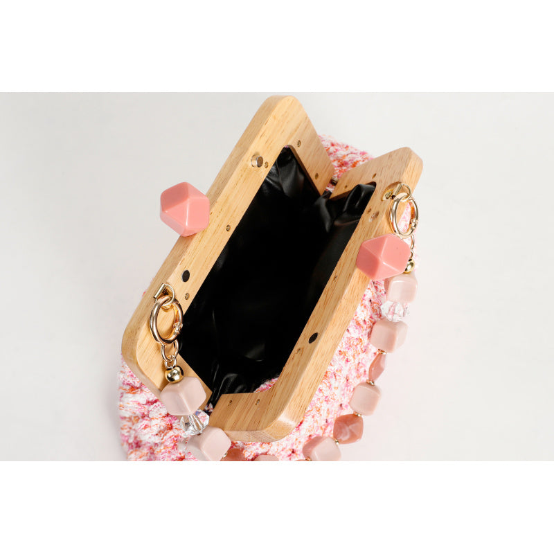 Sweet Retro Pink Hand-Woven Handbag Wooden Handle+Beaded Chain Mori Style Girl's Crossbody Bag
