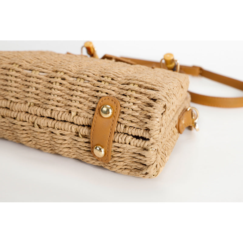 Mori Braided Handbag Imitation Bamboo Handle Cowhide Decorative Tote Bag Metal Rivet Buckle Non-Slip Foot Pad Crossbody Commuter Vacation Bag