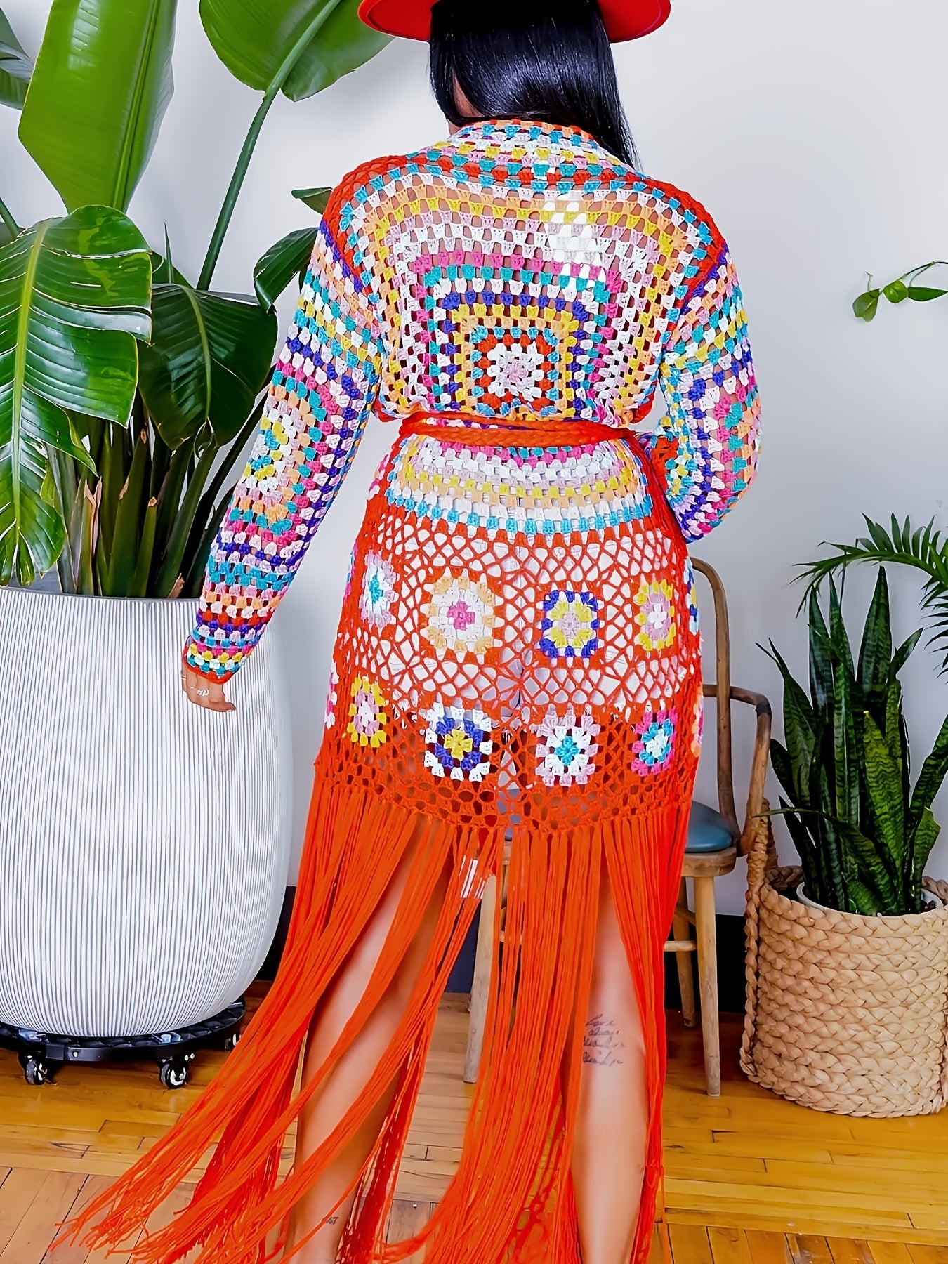 EDOLYNSA Handmade Hollow Crochet Long Sleeve Tassel Women'S Knit Jacket, Elegant Cropped Knit Cardigan, Ethnic Style, Casual, Sweater, Beach Cover-Up A121