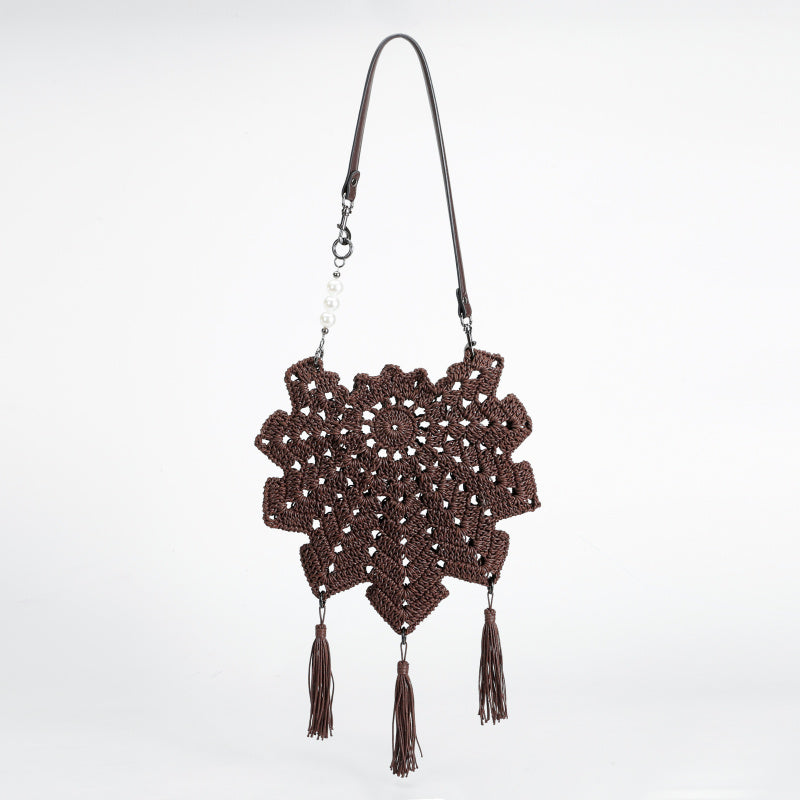 Handmade Crocheted Snowflake Hollow Crossbody Bag Pearl Tassel Leather Shoulder Strap Ethnic Style Retro Shoulder Bag