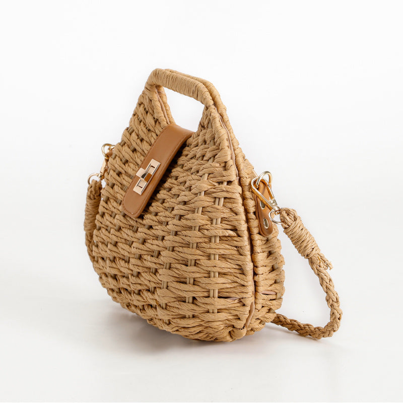Mori Braided Handbag Natural Straw Tote Bag Light Brown Leather Decoration+Metal Lock Buckle Removable Shoulder Strap Multi-Purpose Package Non-Slip Foot Design
