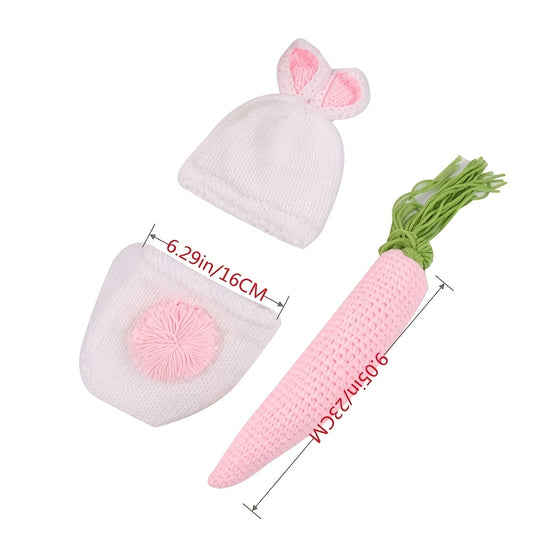 One Set Handmade Cotton Blend Newborn Baby Rabbit Costume，Baby Bunny Photography Props，Crochet Costume with Ears Hat and Carrot Accessories