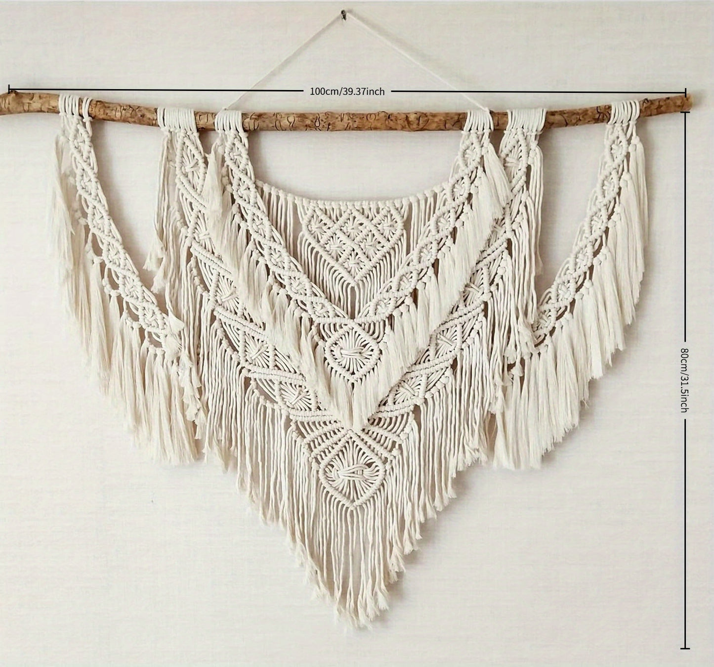 39 Inches Wide x 31 Inch Long Bohemian Style Driftwood Wall Hanging Tapestry，Featuring white tassels and intricate crochet patterns - Perfect for Bedroom、Living Room、Apartment and Wedding Decoration、Home Decoration and Accessories
